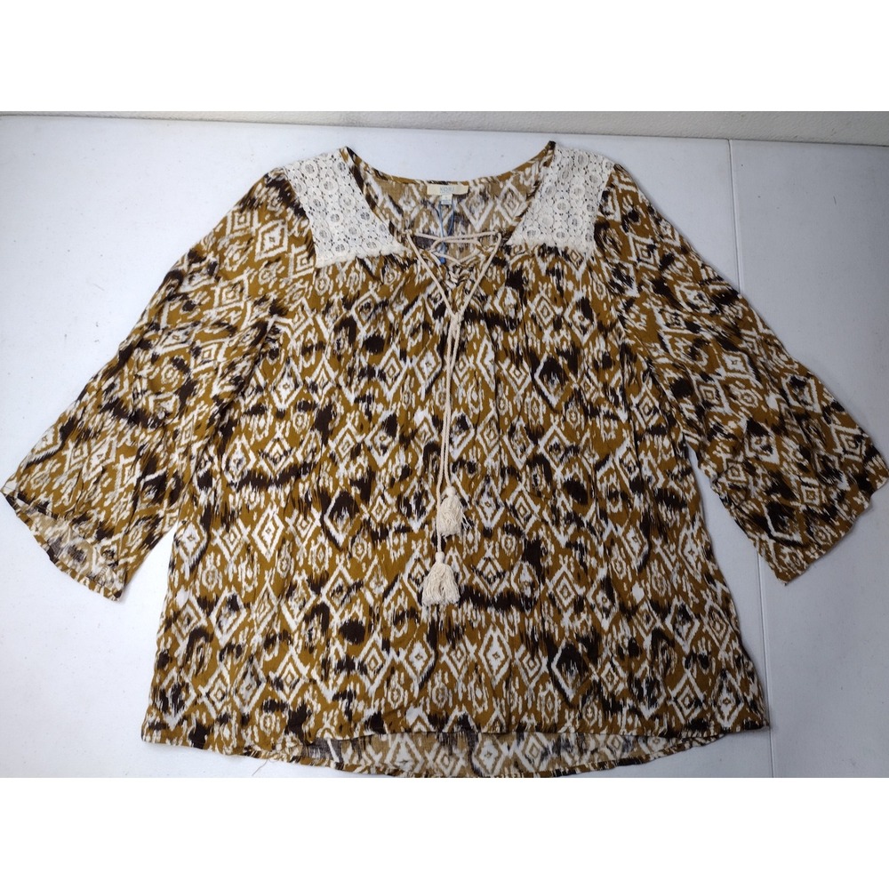 Kori America Womens Mustard Yellow Ikat Diamond Boho Lace Tassel Blouse Large